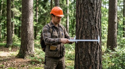 Fototapeta premium A forestry worker measures the circumference of a tall tree in a dense forest. He wears a bright orange hard hat, a plaid shirt, and a backpack.