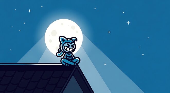 Animated cartoon creature, smiling, cross-legged on a rooftop at night under a full moon and stars. Peaceful, joyous scene