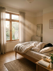 Fototapeta premium Cozy bedroom with soft morning light and serene atmosphere
