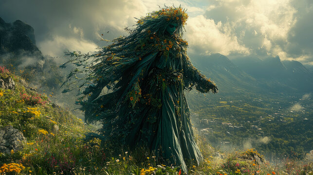 Majestic ethereal entity of nature, colossal moss-covered being adorned with wildflowers, stands sentinel on blooming hillside overlooking misty valley and distant mountains under dramatic sky