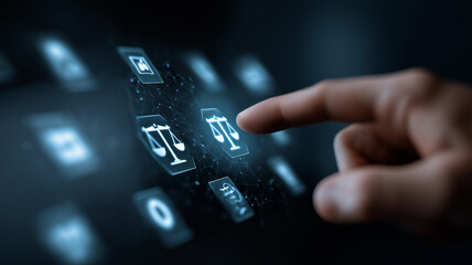 Obraz premium Human Finger Selecting Glowing Digital Scales of Justice Holographic Interface AI Law Technology Stock Photo