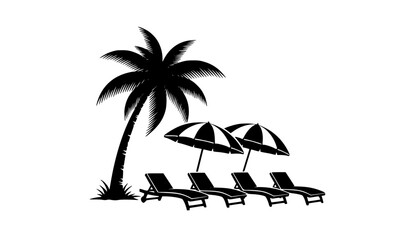 Tropical beach silhouette with palm tree umbrellas and lounge chairs black vector relaxing vacation scene © MstKamrun