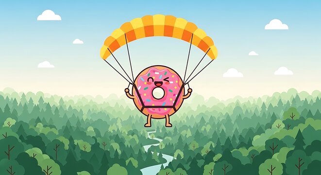 Animated cartoon shows a smiling donut with a pink frosting and sprinkles, wearing a harness and holding onto a parachute, soaring above a lush green forest with a winding river