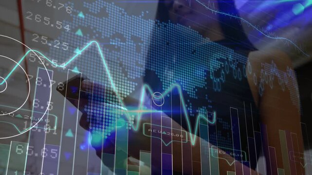 Vertical video: Woman tapping phone in office, finance charts updating and monitoring market data