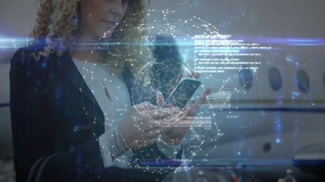 Vertical video: Woman tapping phone on plane causing hologram over phone pulsing with travel data