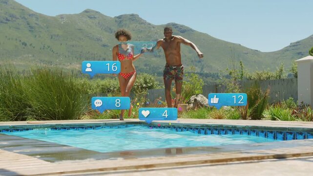Couple stepping at pool edge, sparking likes and hearts rising for social reach jumping in pool