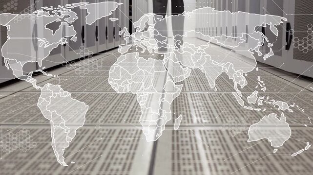 Male tech walking data center stepping onto floor tiles causing map overlay showing network hex