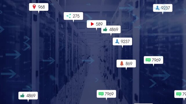 Arrows pulsing, badges appearing across server aisle, clustering and floating, showing network load