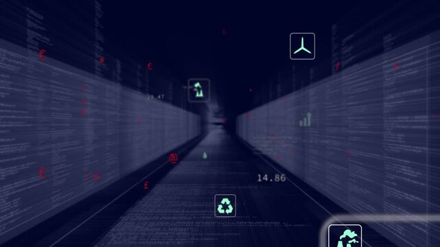 Camera advancing down corridor, causing cyan icons shifting, scaling, updating and showing metrics