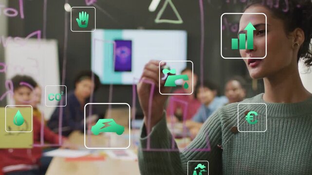 Vertical video: Leader drawing on glass board in business meeting, causing chart icons to align