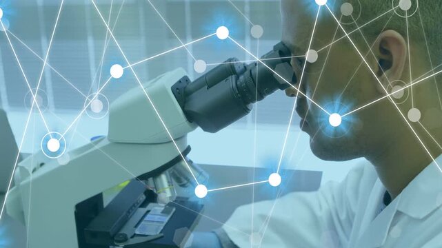 Lab tech leaning into microscope, bringing eye to eyepiece and initiating overlay, adjusting slide