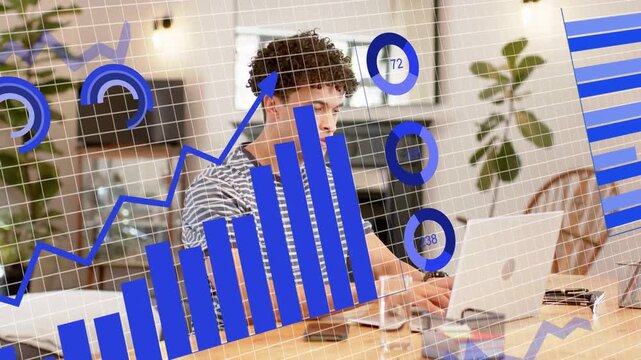 Blue analytics visuals animating across home desk, triggered by typing, man visualizing live data