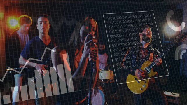 Lead singing on mic while band playing yellow guitar, driving HUD charts intensifying over band
