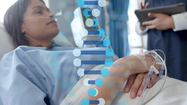Patient reclining with IV cannula, nurse consulting medical tablet and initiating DNA helix overlay