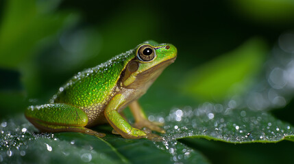 Obraz premium Colorful frog sitting on wet surface in natural environment with shallow depth of field.