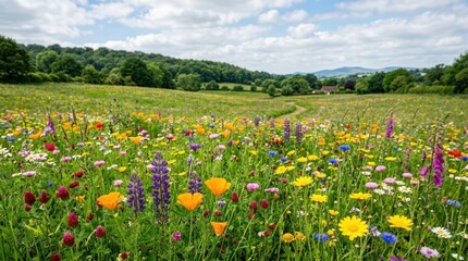 Obraz premium A vibrant wildflower meadow stretches across a rolling hillside under a bright blue sky dotted with fluffy white clouds.