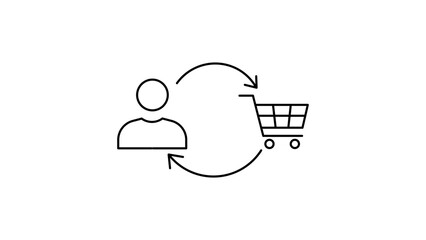 Retargeting and customer conversion vector icon illustration featuring a minimalist black line person silhouette and shopping cart with circular arrows on a white background for digital marketing. © Choyan