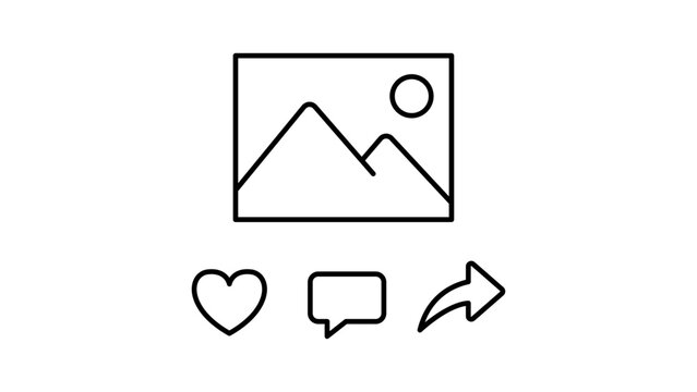 Minimalist black line vector icon illustration of a social media post featuring a photo frame with mountains and sun, plus heart like, comment bubble, and share arrow icons on white background.