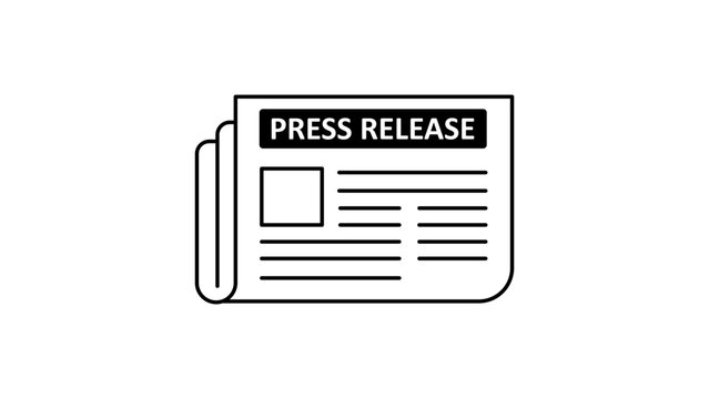 Minimalist black line vector icon illustration of a folded newspaper with PRESS RELEASE headline, text columns, and layout, isolated on white background for media and news communication.