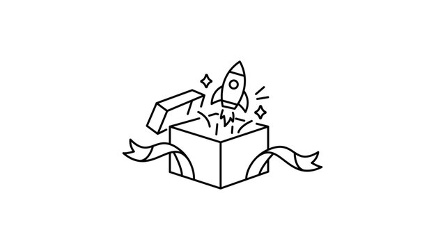 Product launch minimalist black line vector icon featuring a rocket ship flying out of an open gift box with a ribbon, symbolizing a startup, innovation, and business growth outline illustration.