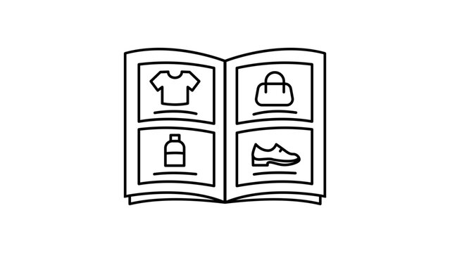 Product catalog vector icon illustration, minimalist black line art of an open booklet showing various items like a t-shirt, bag, bottle, and shoe, isolated on a white background for design.