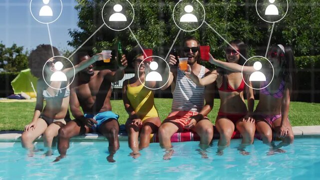 Vertical video: Overlay fading down, dots aligning, lines linking, group raising cups to toast bond