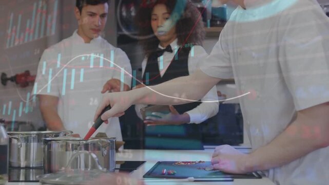 Vertical video: Restaurant staff syncing prep to cooking on tablet tap, data charts overlaying