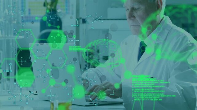 Vertical video: Scientist typing at laptop causing green code layers across lab and screen for data