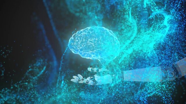 Robotic hand entering, reaching center, forming hologram brain amid teal particles, showcasing AI