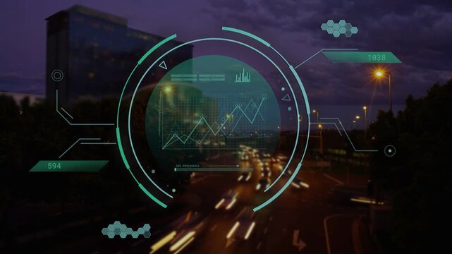 Incoming data feed activating teal HUD overlay over roadway, analyzing traffic line graph