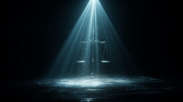 Scales of justice under dramatic spotlight in dark space, legal symbol, fairness, law, courtroom authority, hope, truth and judicial balance concept with copy space