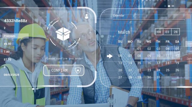 Working supervisor and associate in hard-hat vest reviewing laptop with AR HUD in aisle, clipboard