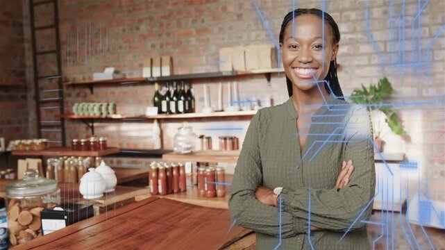Vertical video: Shop owner shifting pose to show wares camera zooming, holo lines over her and jars