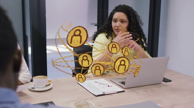 Vertical video: Yellow-blouse woman starting gold AR network by gesturing to show teamwork