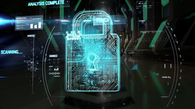 Holographic security padlock taking scan input, animating HUD panels, completing analysis, locking
