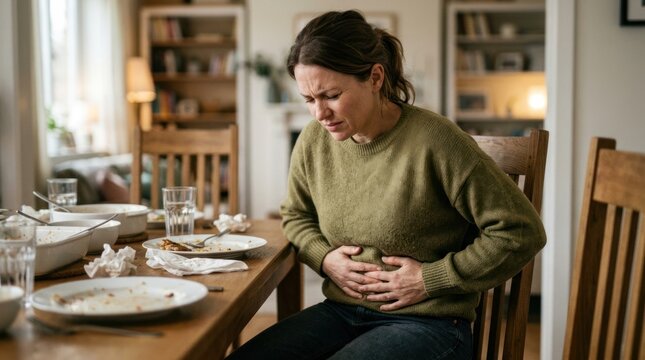 A woman sits at a dining table, clutching her stomach and looking distressed. She is holding her hand to her abdomen, exhibiting signs of pain and discomfort.
