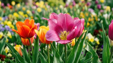 Obraz premium A vibrant flower garden bursts with colorful tulips. Two prominent pink tulips stand out, surrounded by orange and yellow tulips.