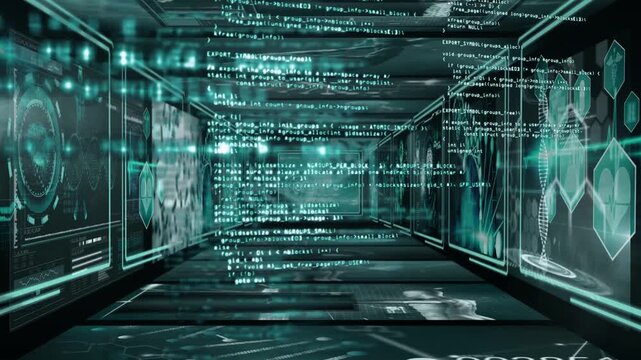 Data tech corridor responding to densifying code, extending to present layered visuals for creators