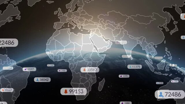 Earth globe opening, sunrise sweep initiating badges popping and updating counts, showing tech data
