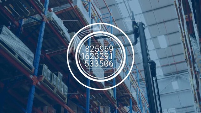 Vertical video: HUD overlay appearing over warehouse racks, multi-ring rotating hash updating stock