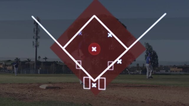 On sports throw runner rounding plate fielder lunging, overlay marking yellow arc to score