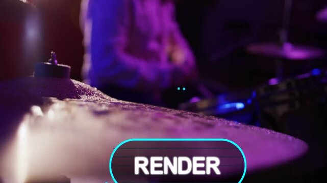 Vibrating cymbal on stage, drummer in light shirt performing, striking sticks, RENDER PIXEL UI