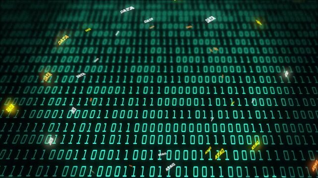 Vertical video: Binary grid filling frame, edge tokens adding DATA, drifting inward for tech flow