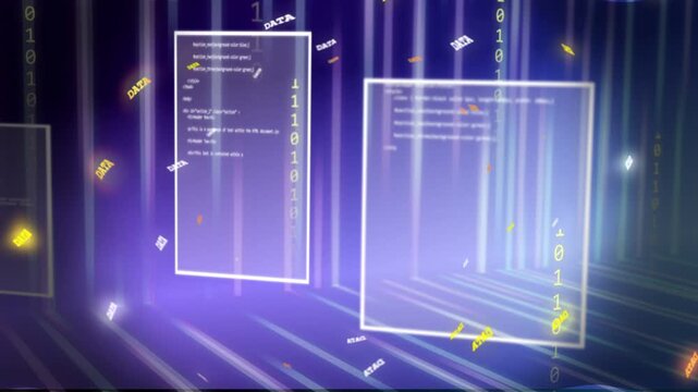 Camera panning driving windows sliding while binary digits and DATA tokens rising showing tech data