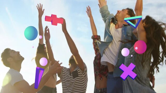 Left player starting pass group passing, tossing and reaching for ball for play with 3D shapes