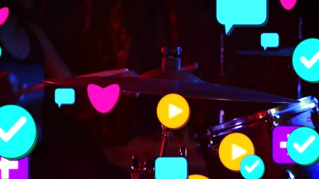 Hands entering and striking cymbal, causing icons multiplying, floating inward, showing engagement