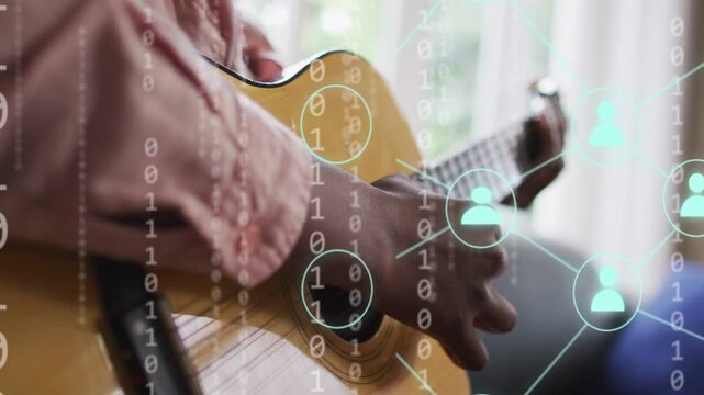 Binary code appearing woman playing guitar camera zooming out overlays growing to map music network