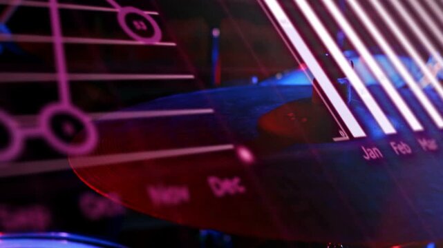 Overlays appearing, camera pulling back, cymbal glowing magenta blue, visualizing monthly charts