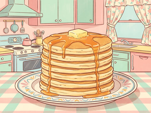 Tall pancake stack with syrup in a vintage kitchen illustration