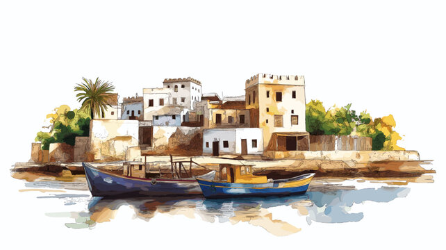 Lamu Old Town. Lamu Old Town hand drawn watercolor illustration on white background